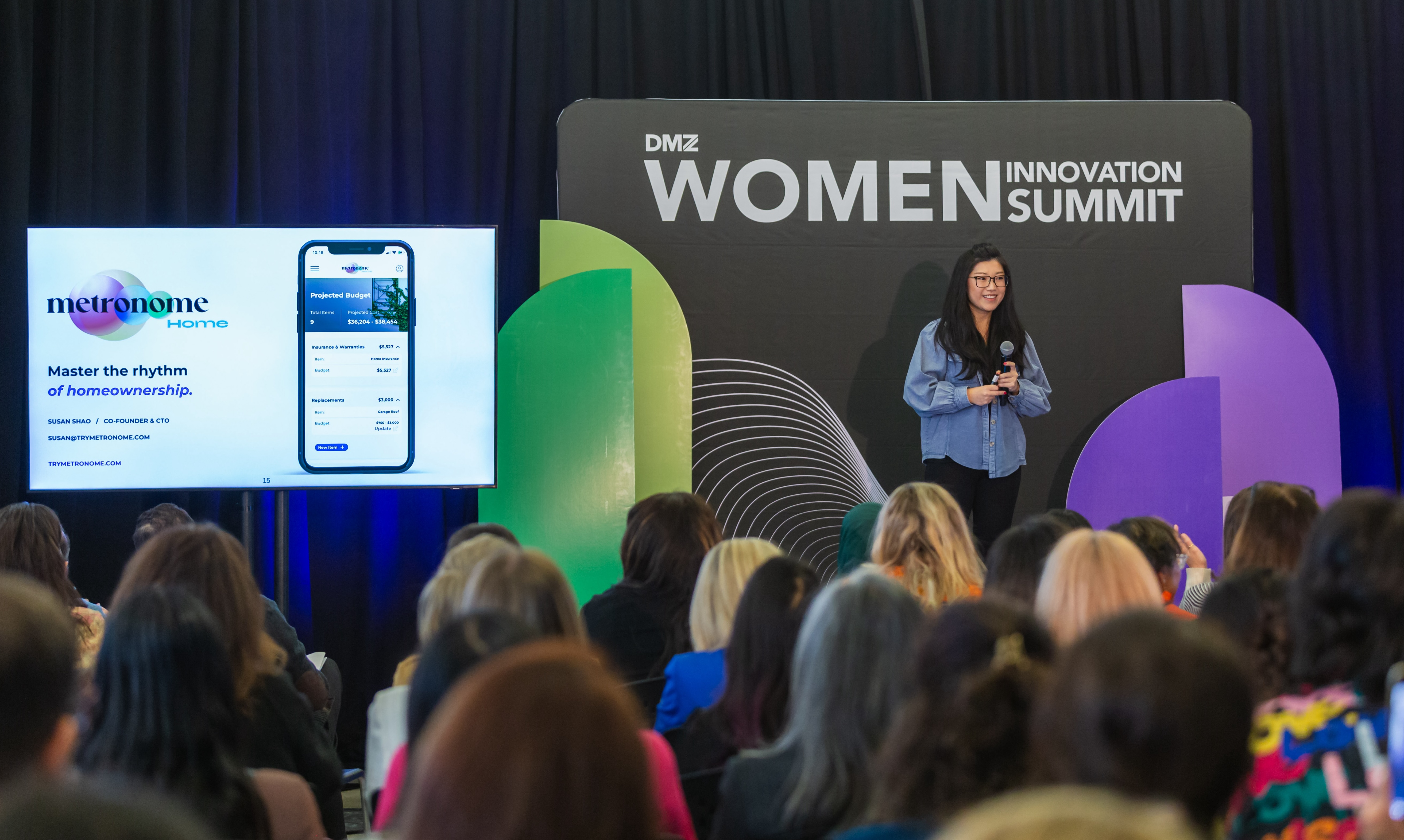 Susan, CTO and Co-Founder of HouseBeat, pitches on stage at WIS 202.