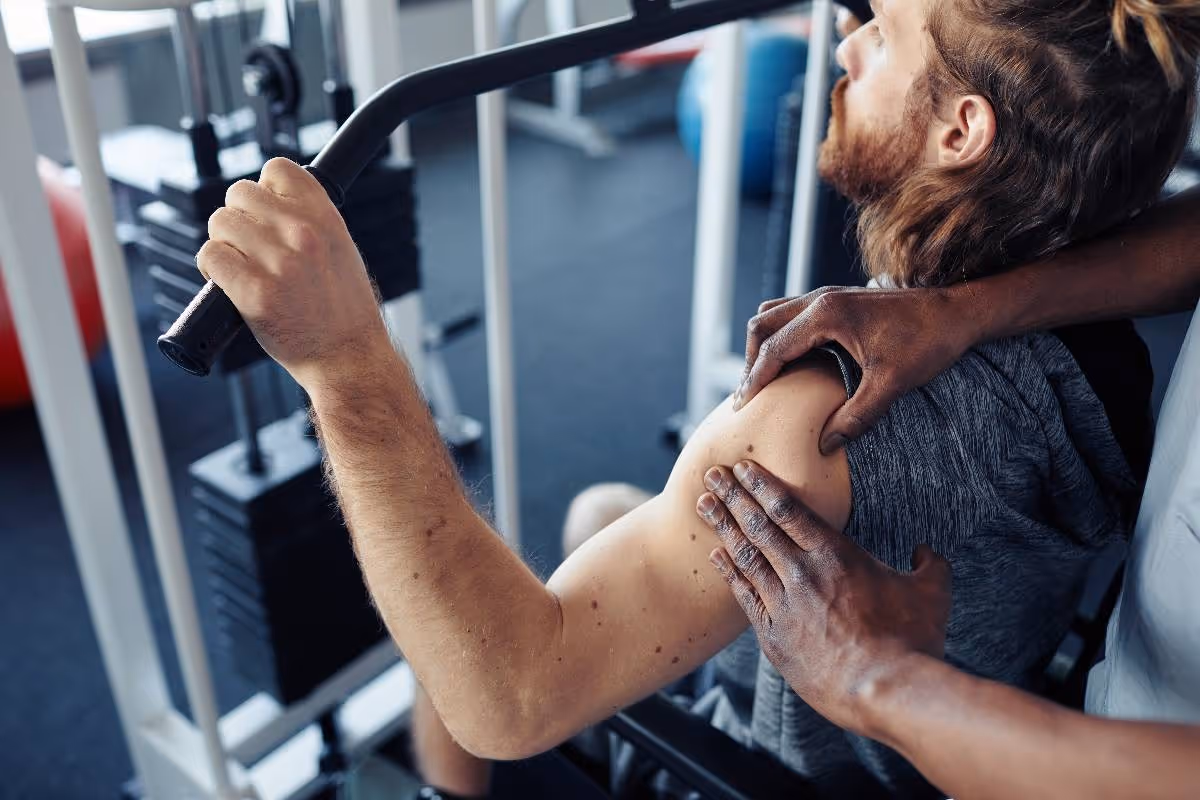 Weightlifter experiencing rotator cuff pain during lat pulldown in DC area gym