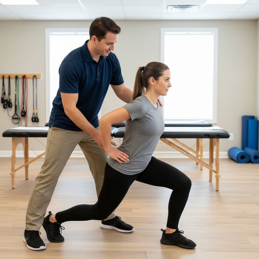 One-on-one physical therapy session in Washington DC with therapist guiding athlete through functional exercise for injury recovery and performance enhancement