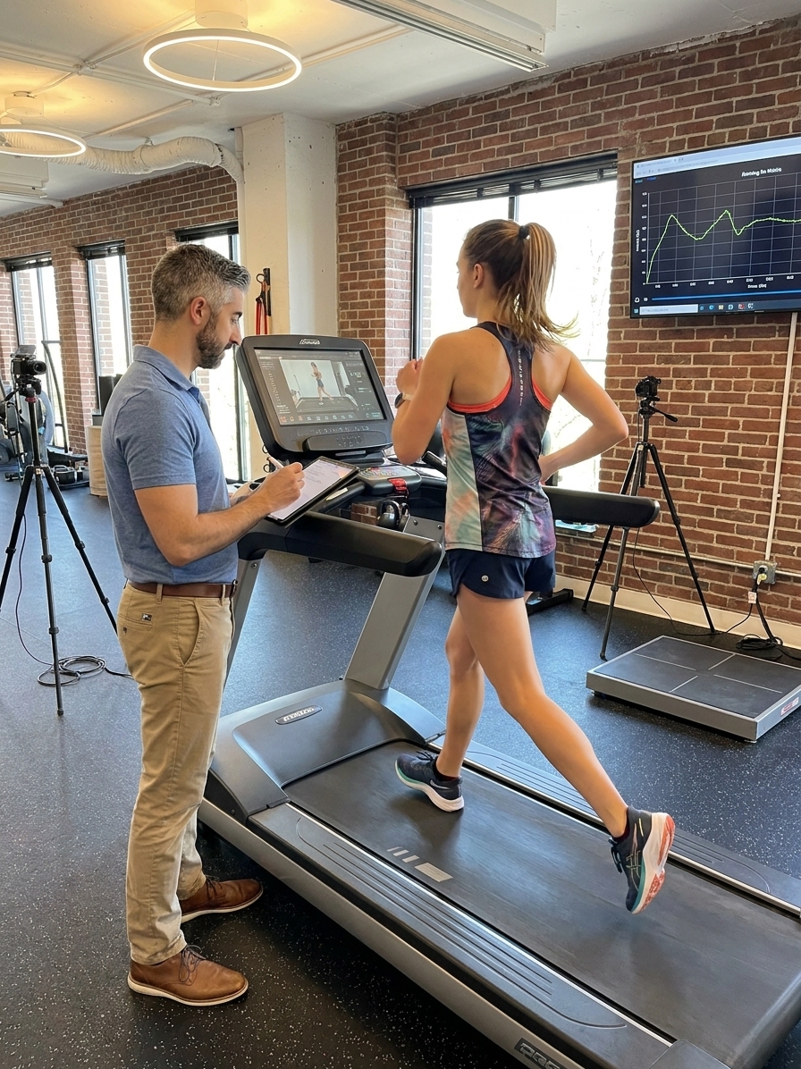 Patient working with a provider at a running physical therapy clinic in Washington, DC, during a running gait analysis session