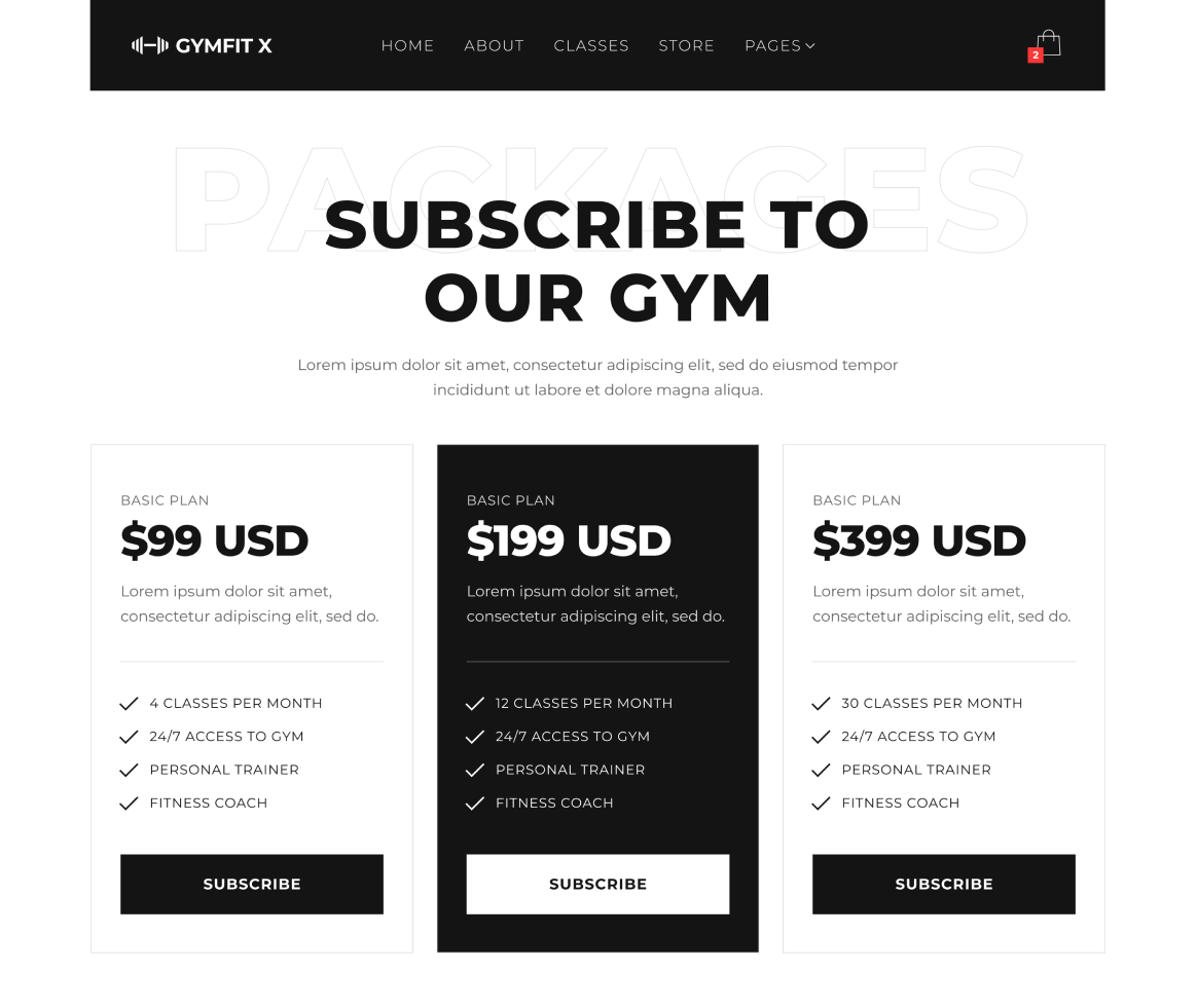 Gymfit X - Packages page - Gym Webflow Template