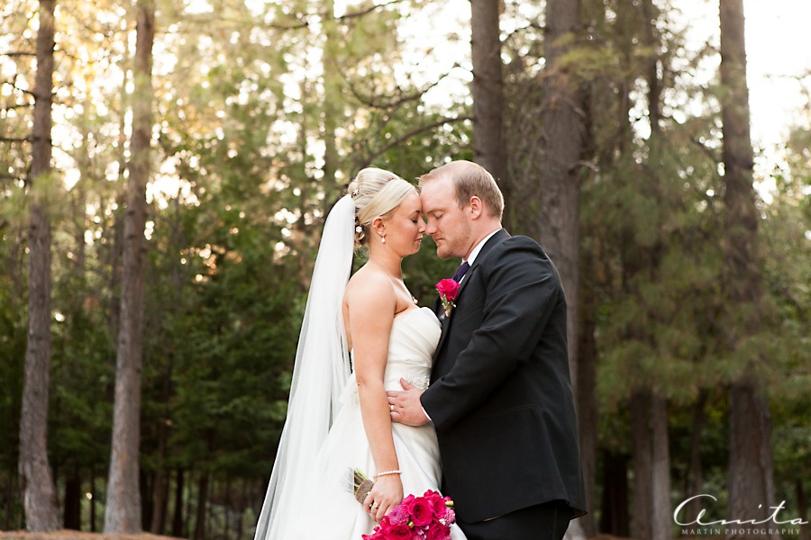 Wedding couple sharing a kiss overlooking the Sierra Nevada mountains at Forest House Lodge