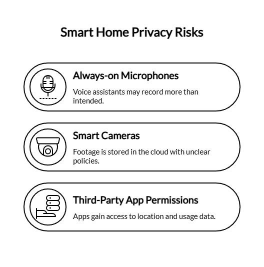 Infographic outlining smart home privacy risks, including always-on microphones, smart cameras, and third-party app permissions in connected apartments.