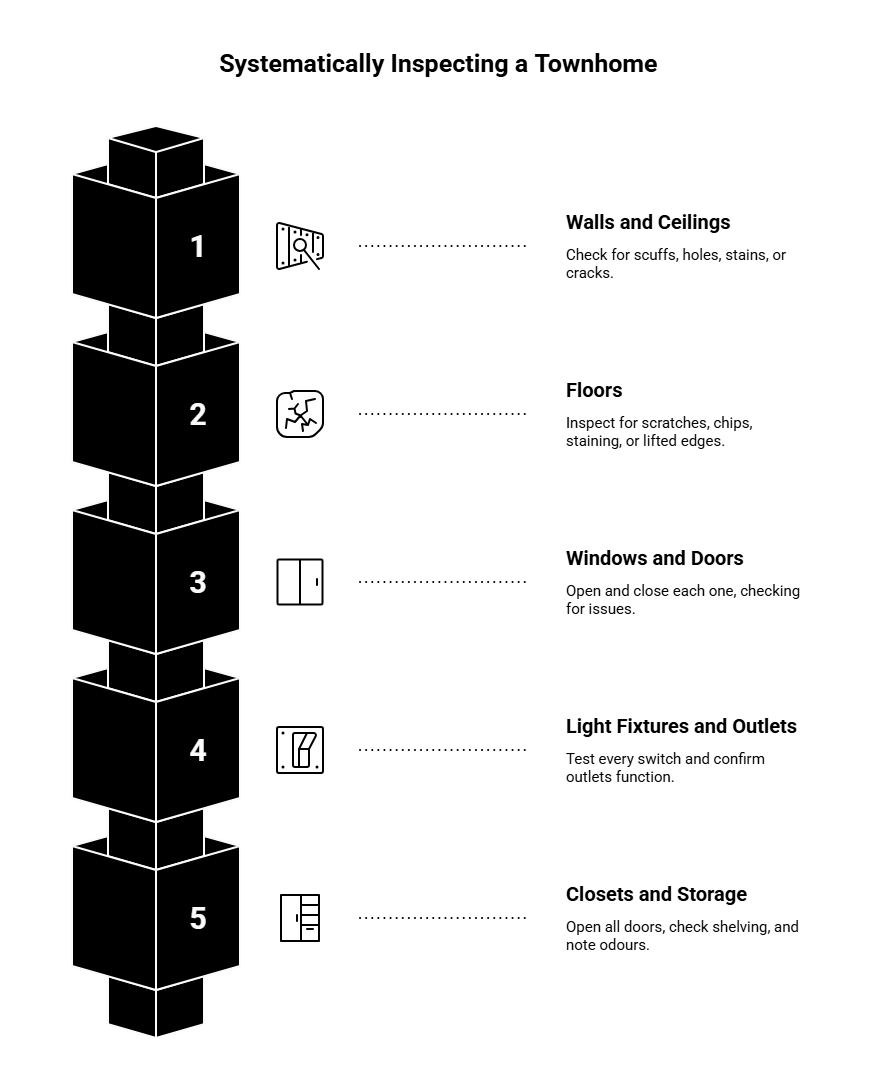 Townhome inspection checklist graphic showing five key areas to review: walls and ceilings, floors, windows and doors, light fixtures, and closets.
