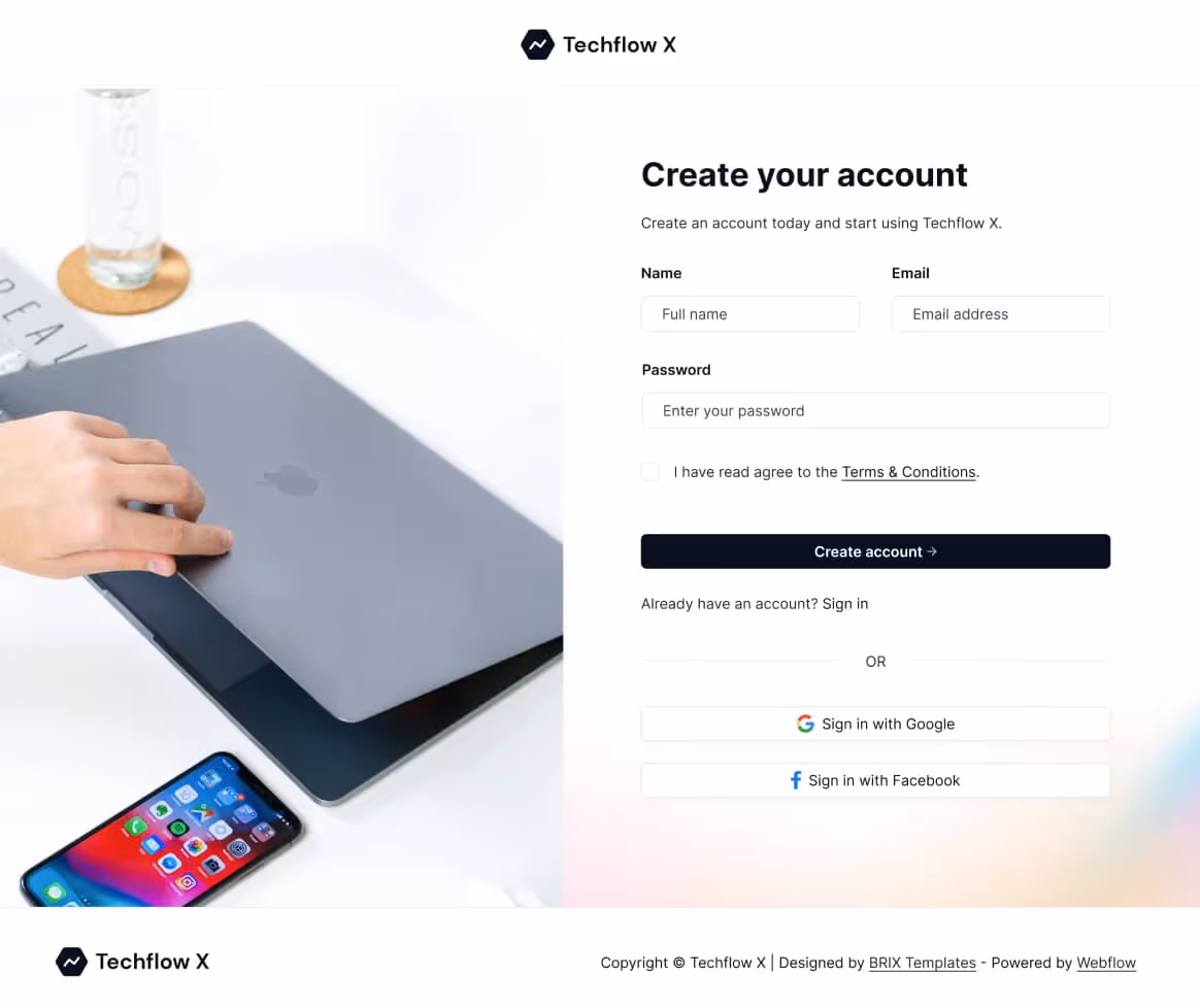 Techflow X - Sign Up Page - Multi-Layout Saas Webflow Template