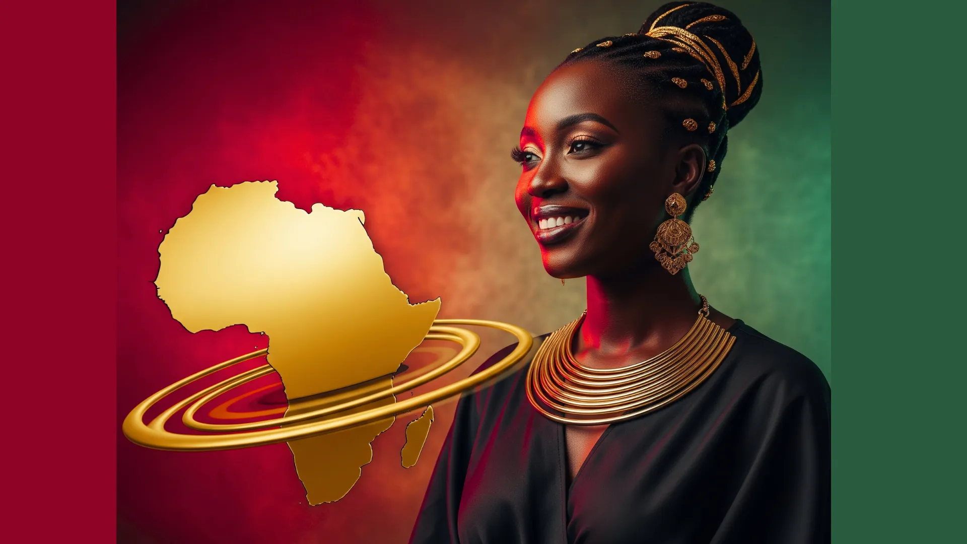 Smiling woman with golden Africa map, traditional jewelry, vibrant background