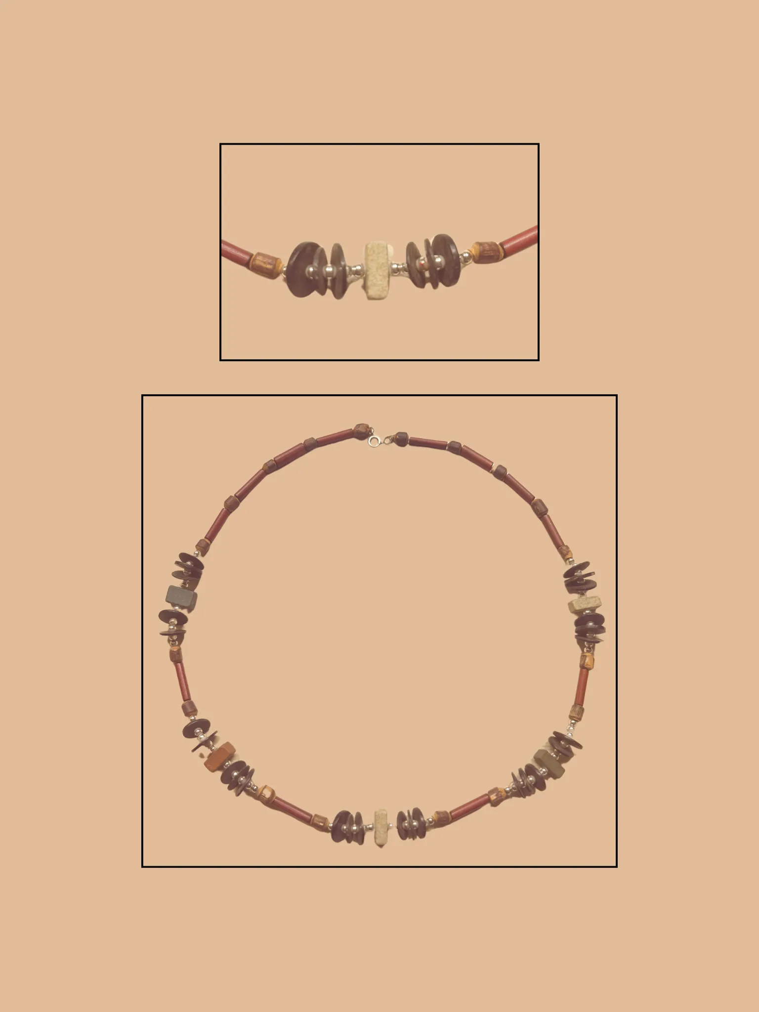 Circular brown beaded necklace with rustic stone and wood-like beads