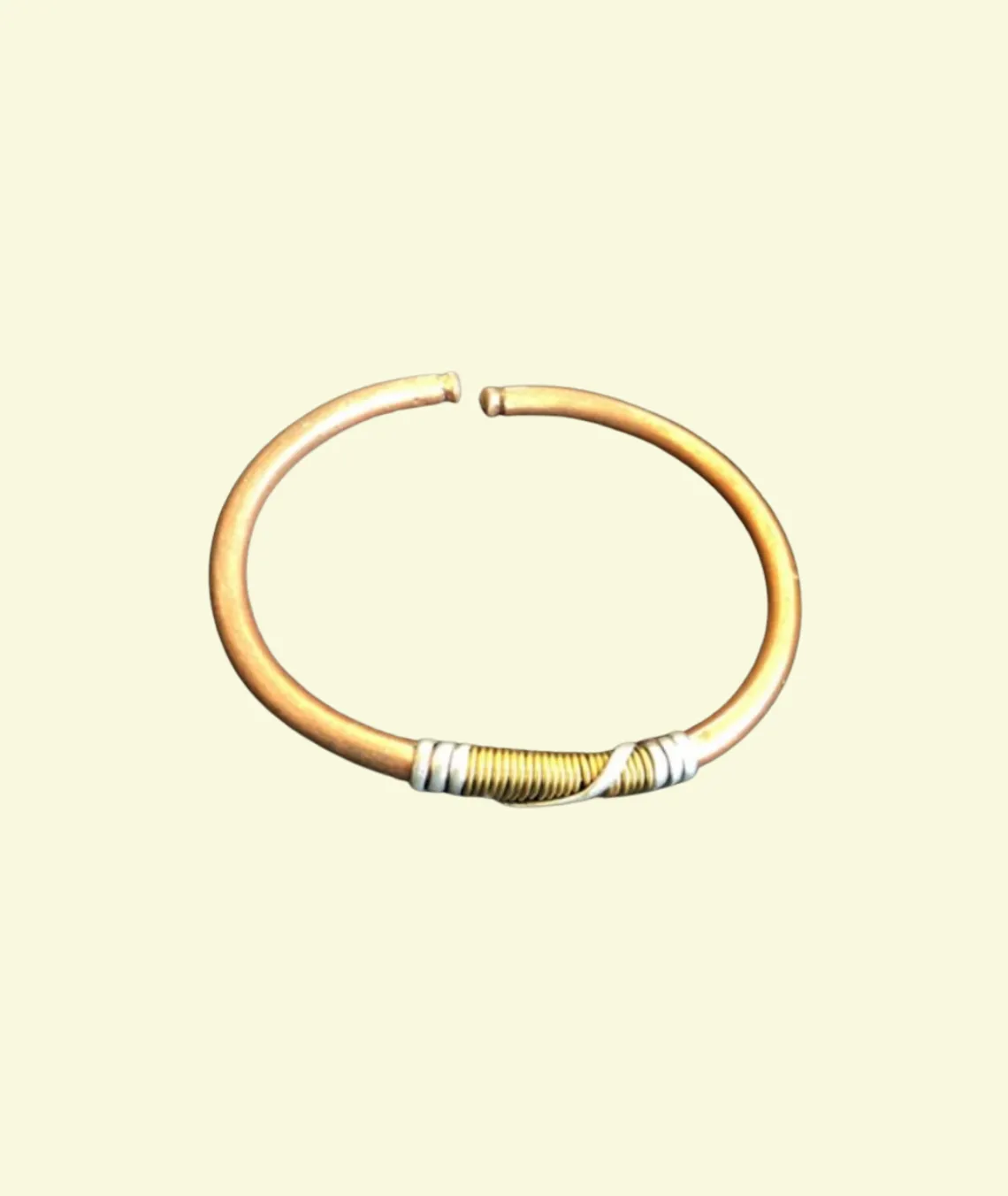 Gold and white minimalist open bangle bracelet with wrapped center