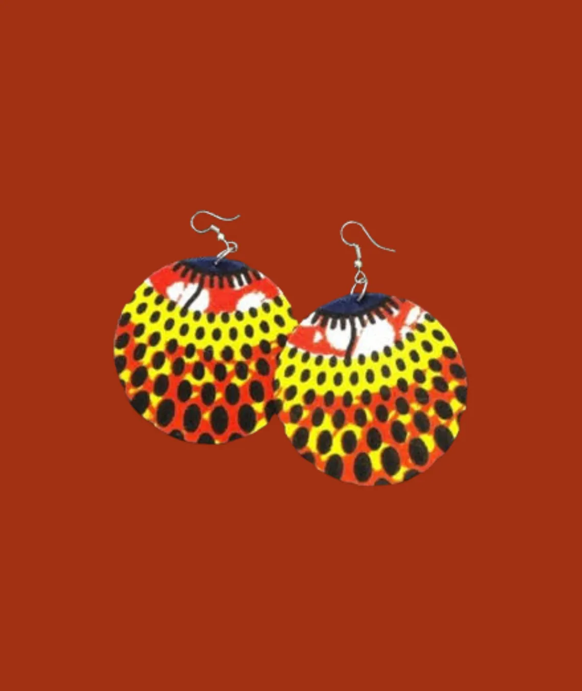 Round earrings with yellow, black, and red dotted pattern