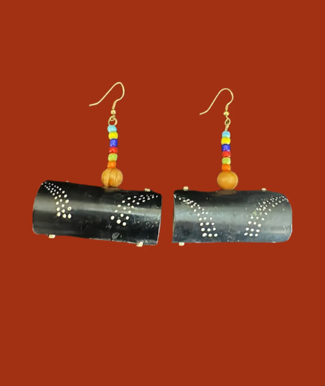 Handcrafted black cylindrical earrings with colorful beaded hooks