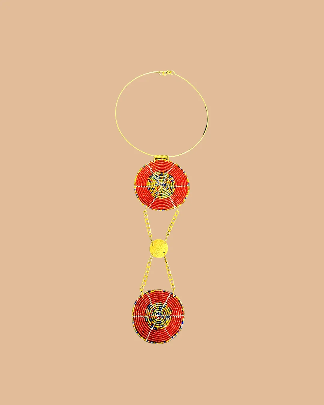 Colorful beaded pendant necklace with two round red medallions