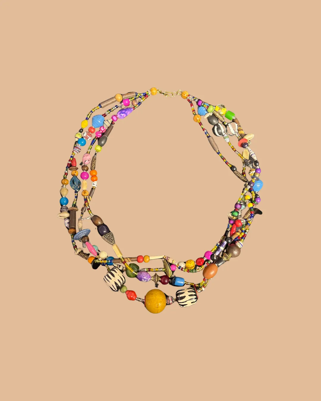 Colorful multi-strand beaded necklace with diverse shapes and vibrant colors
