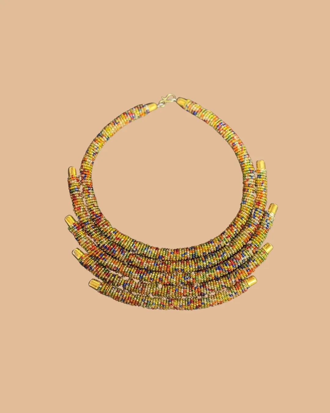 Colorful multi-layered beaded necklace with golden end caps