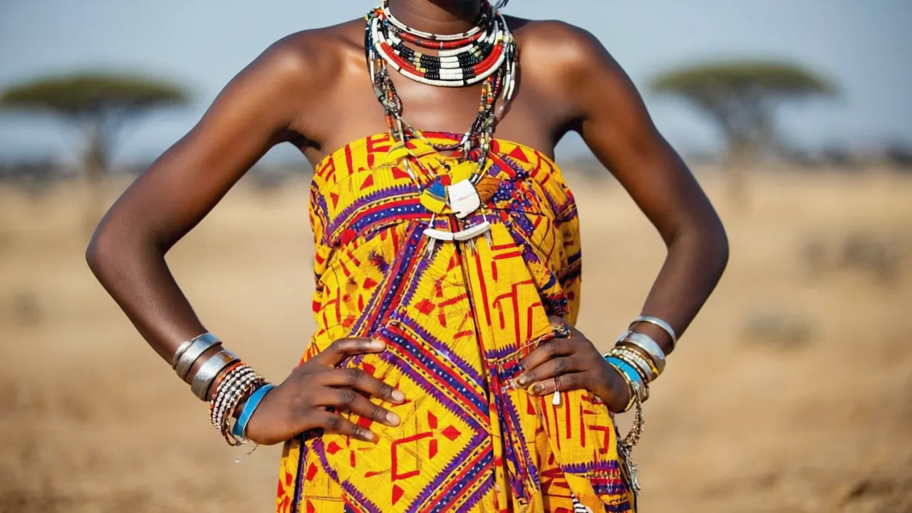 Traditional African woman in colorful dress and intricate jewelry against savanna backdrop
