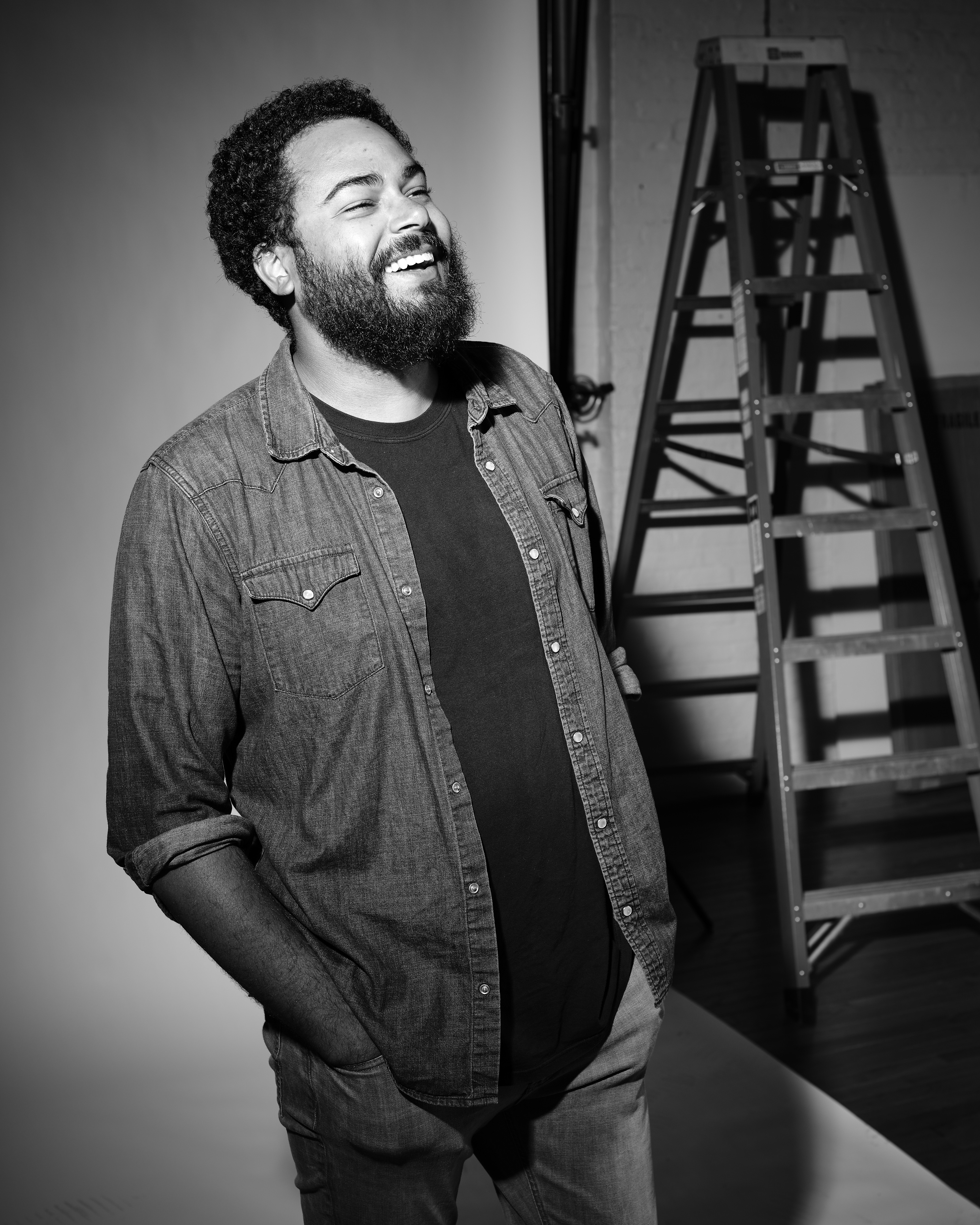 Black and white headshot style photo of comedian Curtis Cook taken by Rustin McCann.