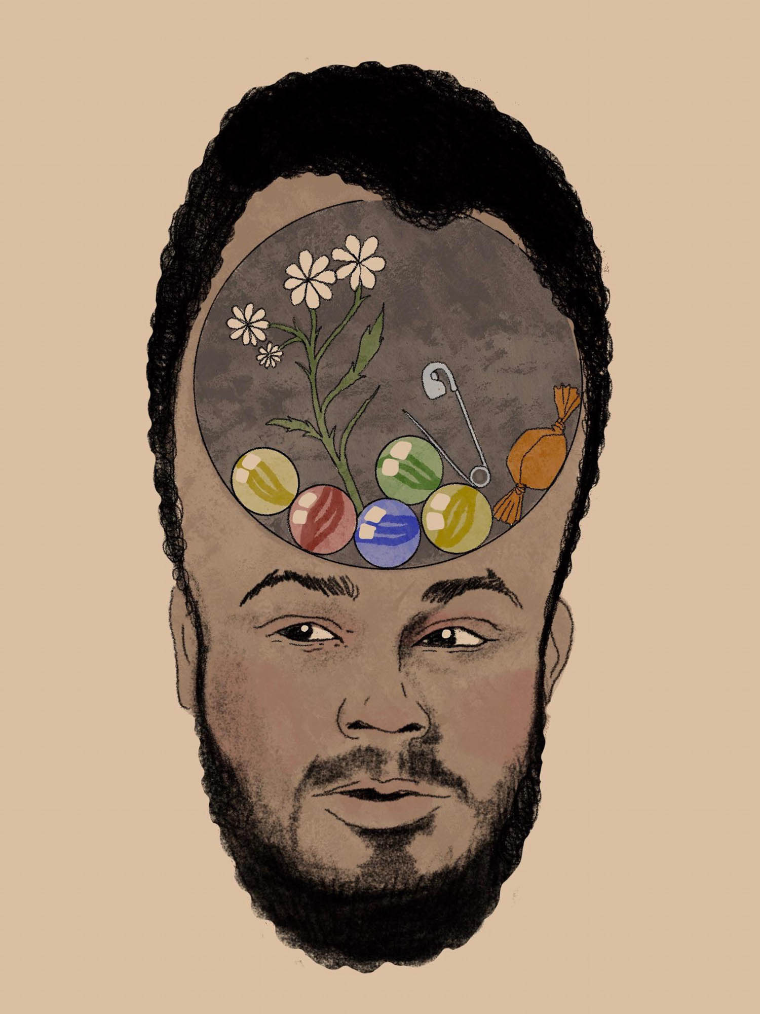 Drawing of Comedian Curtis Cook with marbles and flowers in his head. Image drawn by Kate Murphy.