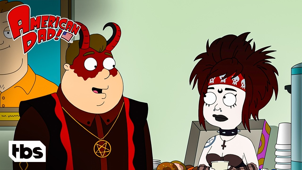 Animated characters dressed as a devil with red horns and a girl with spiky hair and gothic attire from American Dad.