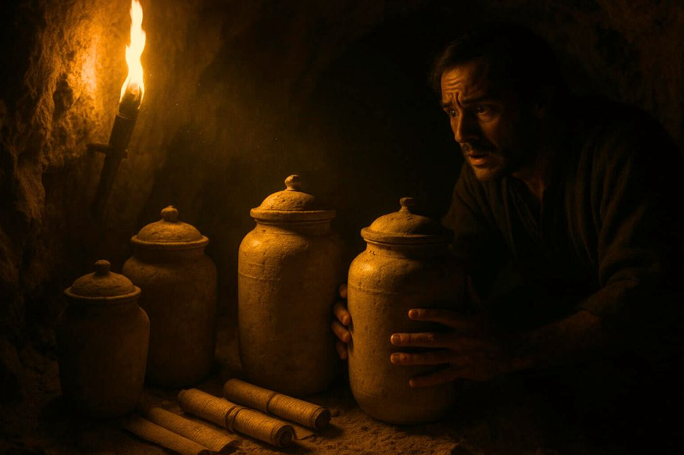A distressed man hides clay jars containing the Dead Sea Scrolls inside a Qumran cave, illuminated by torchlight. Ancient scrolls lie on the dusty floor as particles float in the air, evoking secrecy and urgency in the Judaean Desert setting.