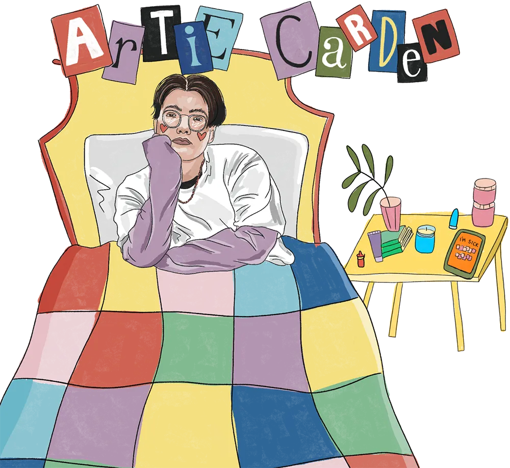 An illustration of Artie sitting in bed. The name 'Artie Carden' is hung up above them in magazine cut-out letters