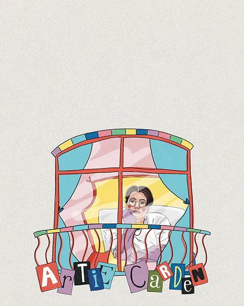 A window illustration with Artie sitting in bed behind the window, and the words Artie Carden' labelled beneath