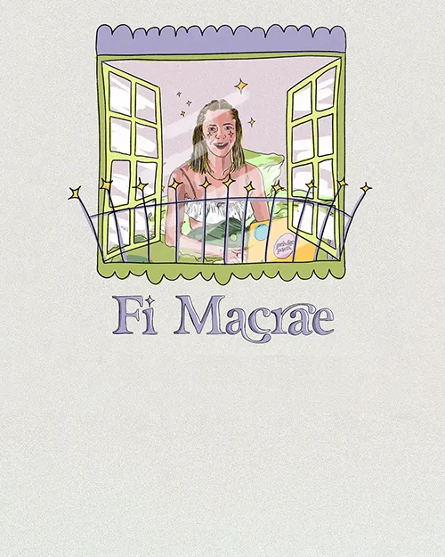 A window illustration with Fi sitting in bed behind the window, and the words 'Fi Macrae' labelled beneath