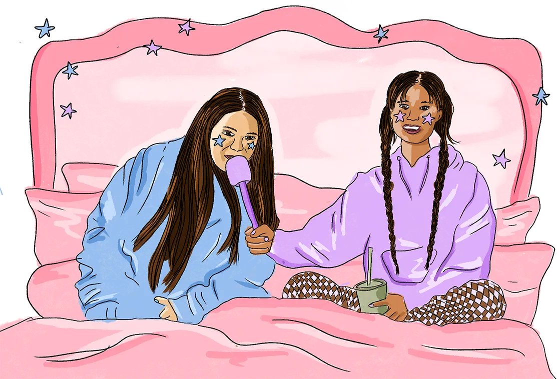 An illustration of Sick Sad Girlz sitting in bed