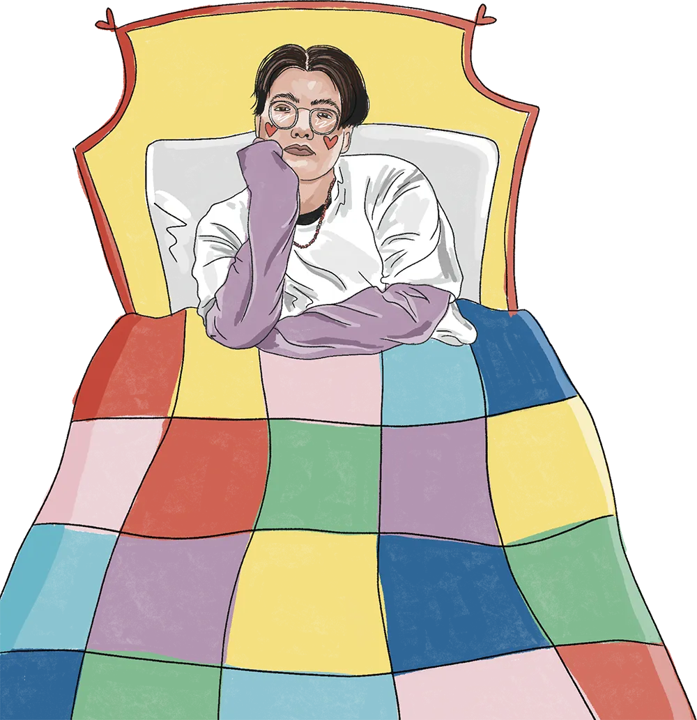 An illustration of Artie sitting in bed