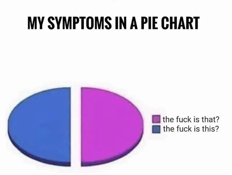 A piece chart titled 'My symptoms in a pie chart'. Blue takes up 50% of the pie chart and reads "the fuck is this?". Purple takes up 50% of the pie chart and reads "the fuck is that?"