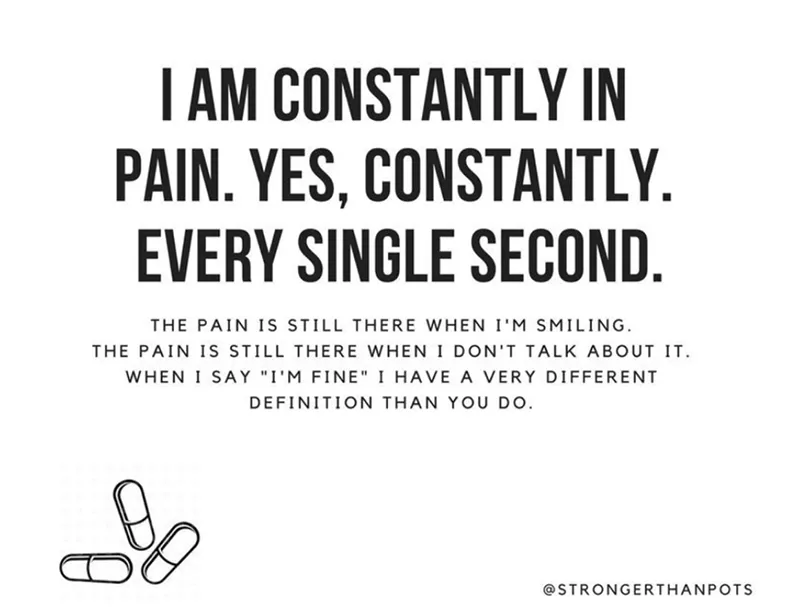 A quote tile that reads: I am constantly in pain. Yes, constantly. Every single second. The pain is still there when I'm smiling. The pain is still there when I don't talk about it. When I say "I'm fine" I have a different definition than you do. 