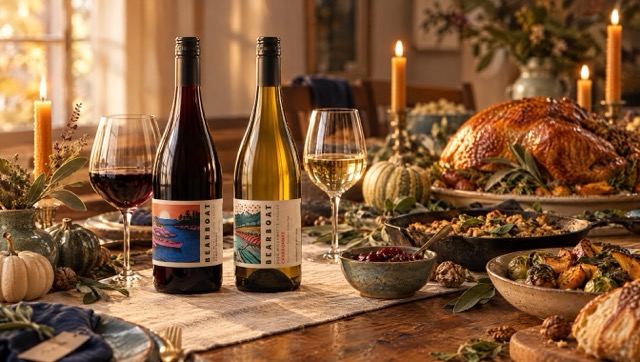 Bearboat Pinot Noir and Chardonnay bottles together outdoors, the two-bottle Thanksgiving pairing.