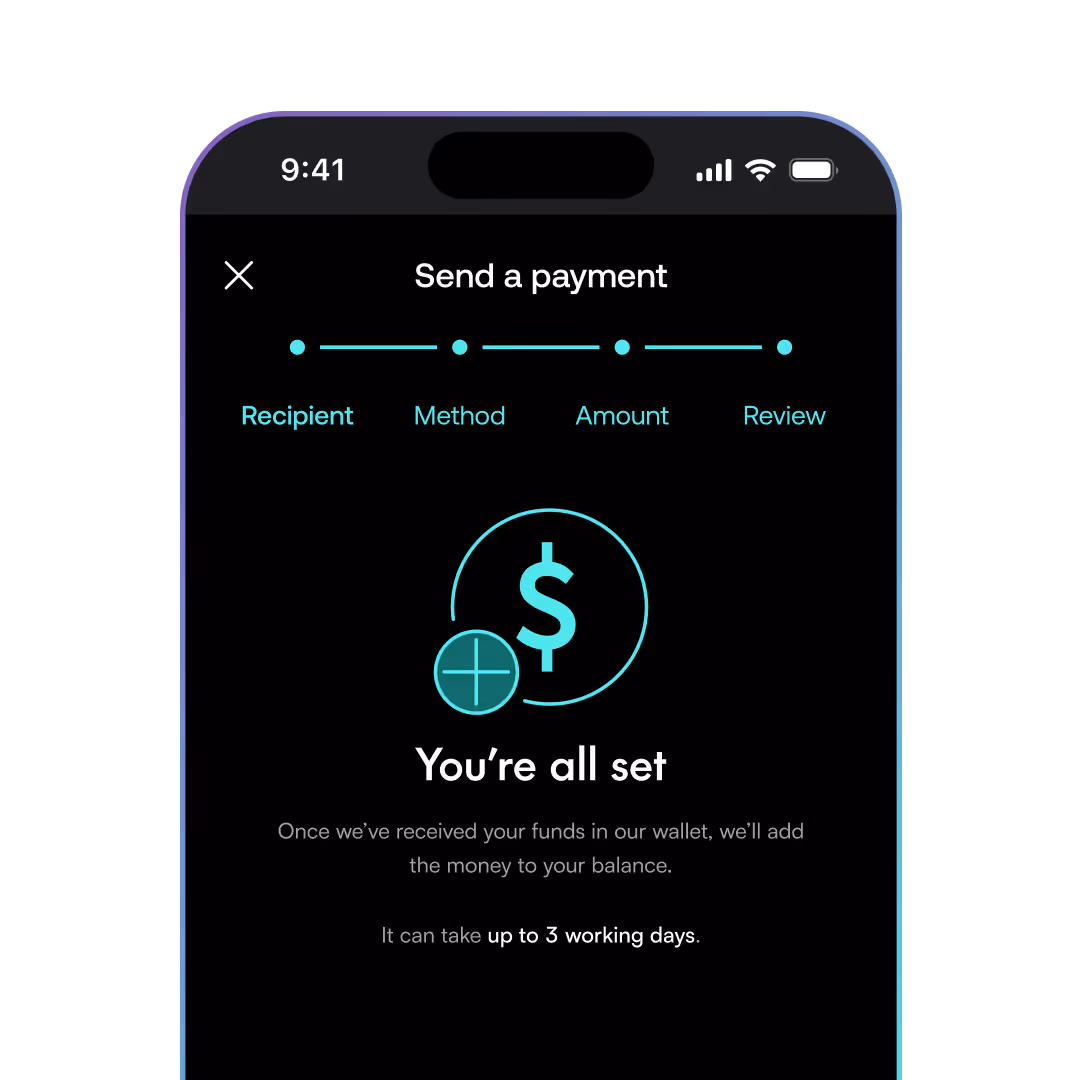 Add a recipient and set up your payment in minutes. Same-day payment initiation within UTC+8 banking hours. 