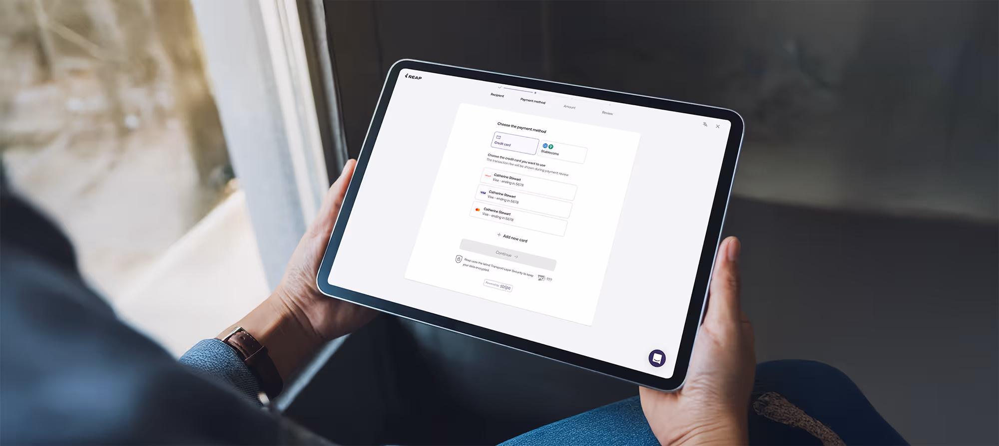Tablet mockup on Reap payment platform interface