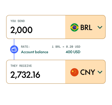 Currency exchange interface showing conversion from Brazilian real (BRL) to Chinese yuan (CNY) with exchange rate details.