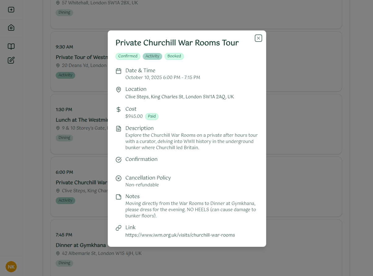 Booking confirmation for Private Churchill War Rooms Tour on October 10, 2025, from 6:00 PM to 7:15 PM at Clive Steps, London. Cost paid $945.00.