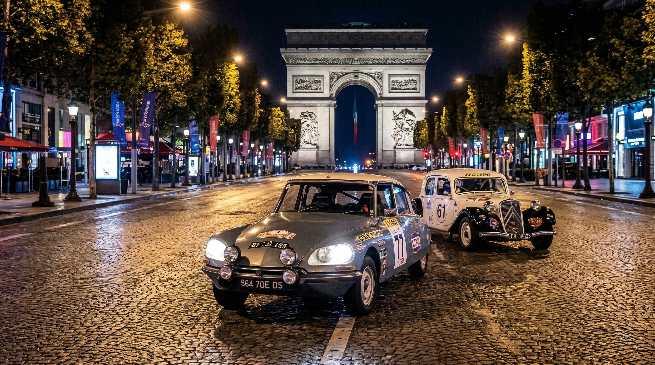 Split view of London with Big Ben and Houses of Parliament on the left, and Paris street with Eiffel Tower in the background on the right.