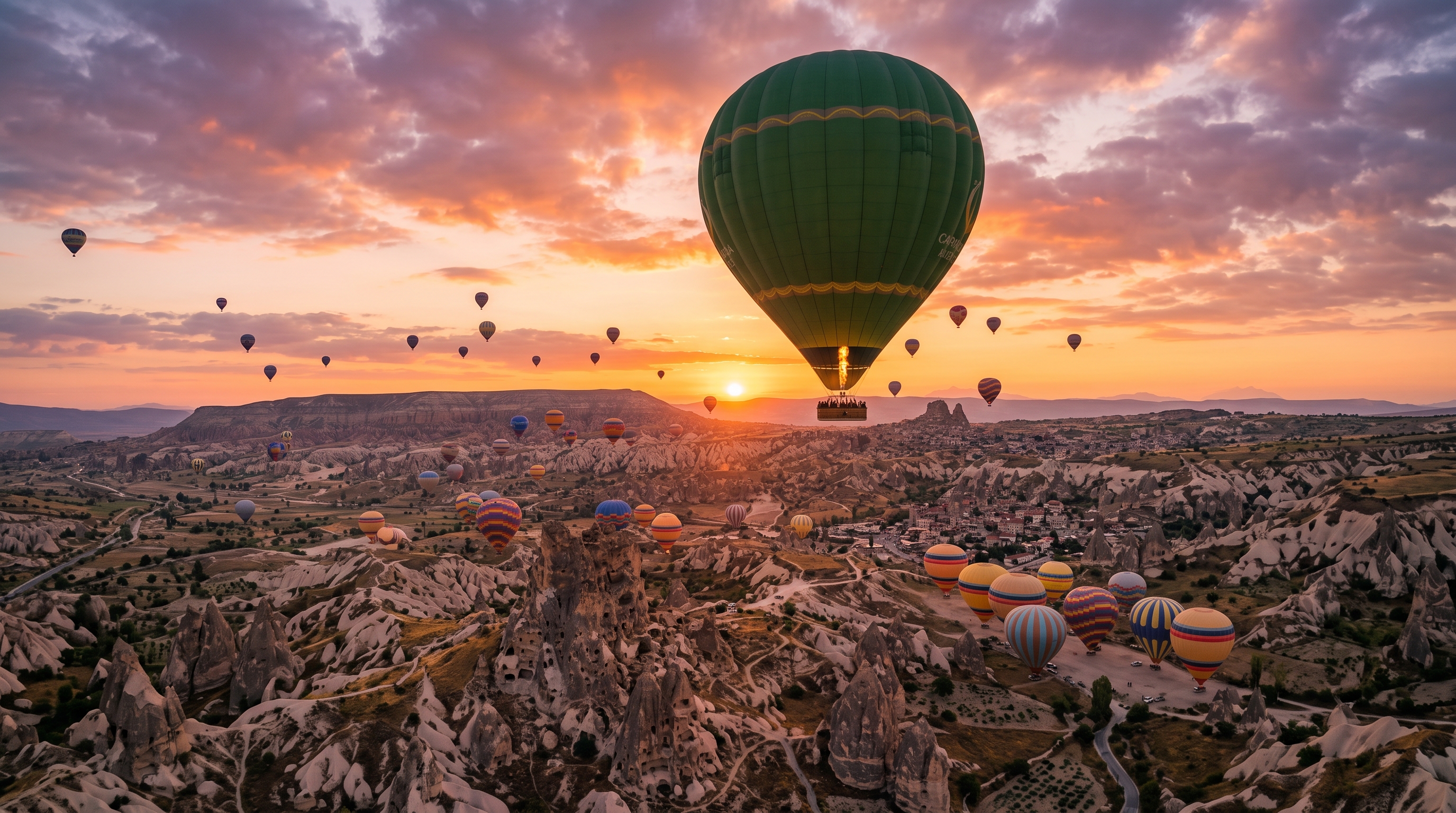Hot air balloons over Cappadocia at sunrise