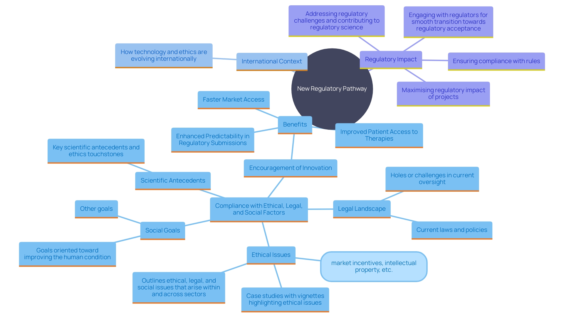 This mind map illustrates the key benefits and components of the new regulatory pathway for medical product manufacturers, highlighting its impact on innovation, patient access, and adherence to ethical standards.