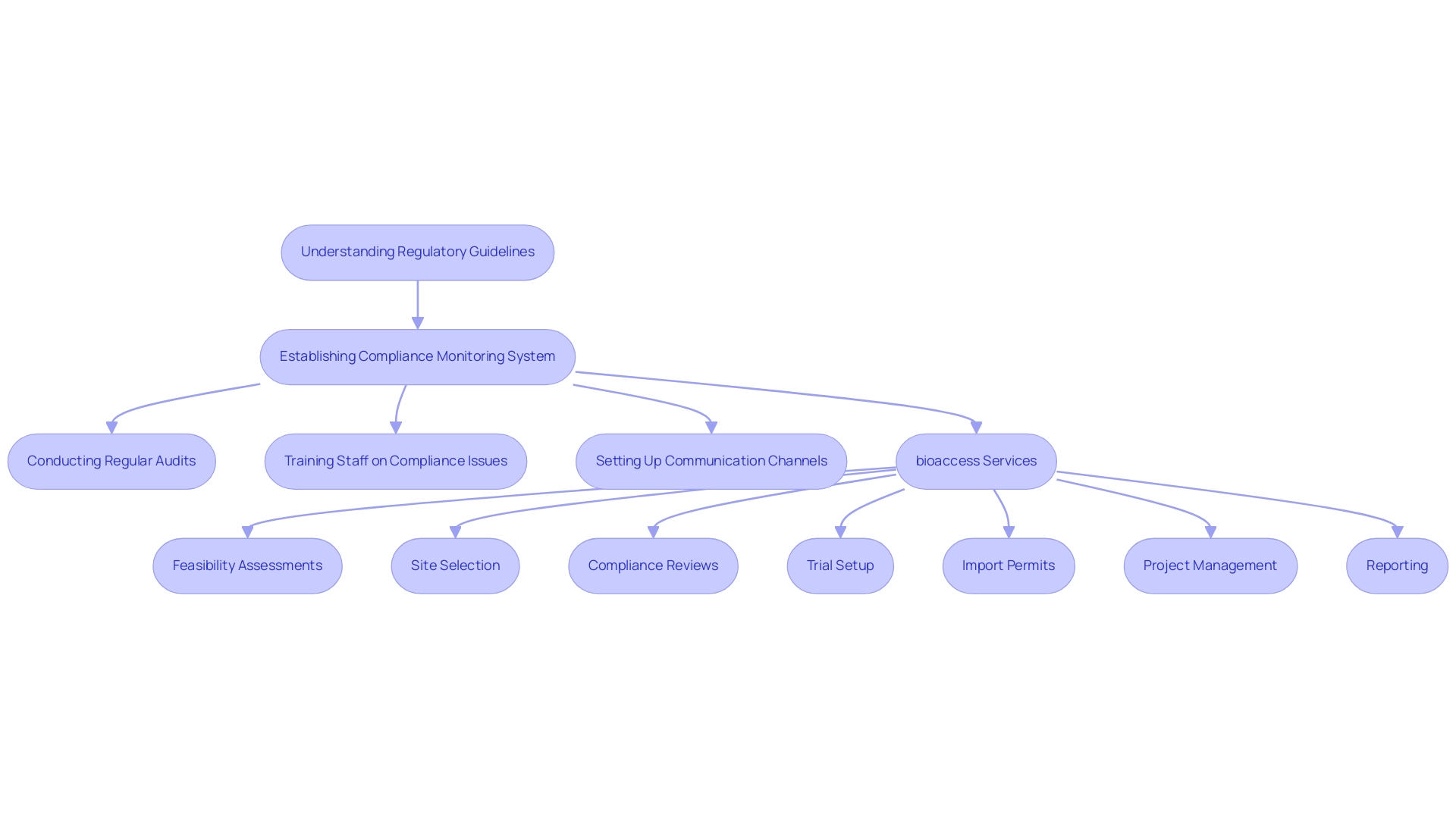 Each box represents a step in the compliance process or a service provided by bioaccess. Arrows indicate the flow of actions, highlighting the interconnectivity of different compliance components.