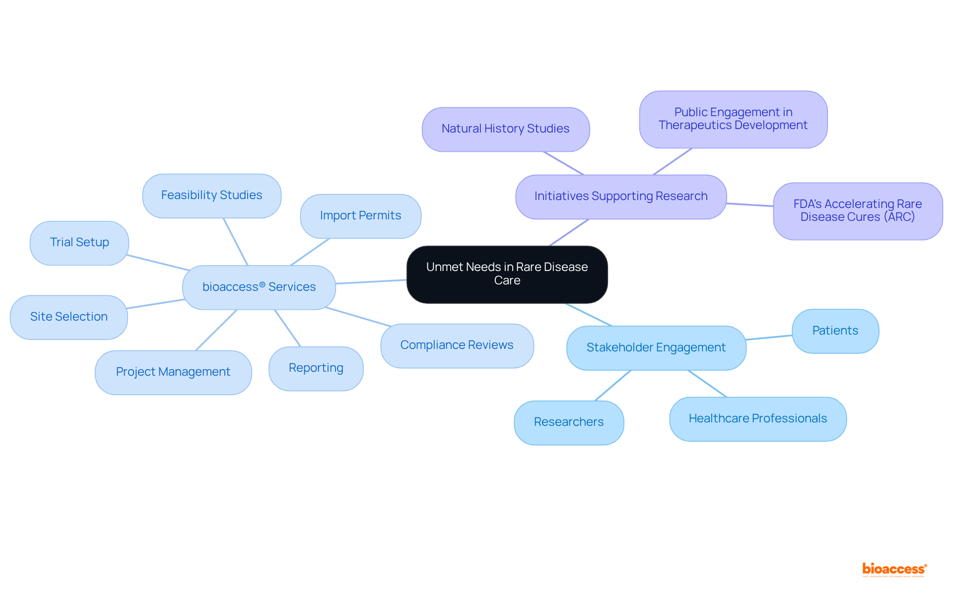The central node represents the main topic, while the branches show various aspects like stakeholder engagement and specific services. Each color-coded branch helps categorize information for better understanding.