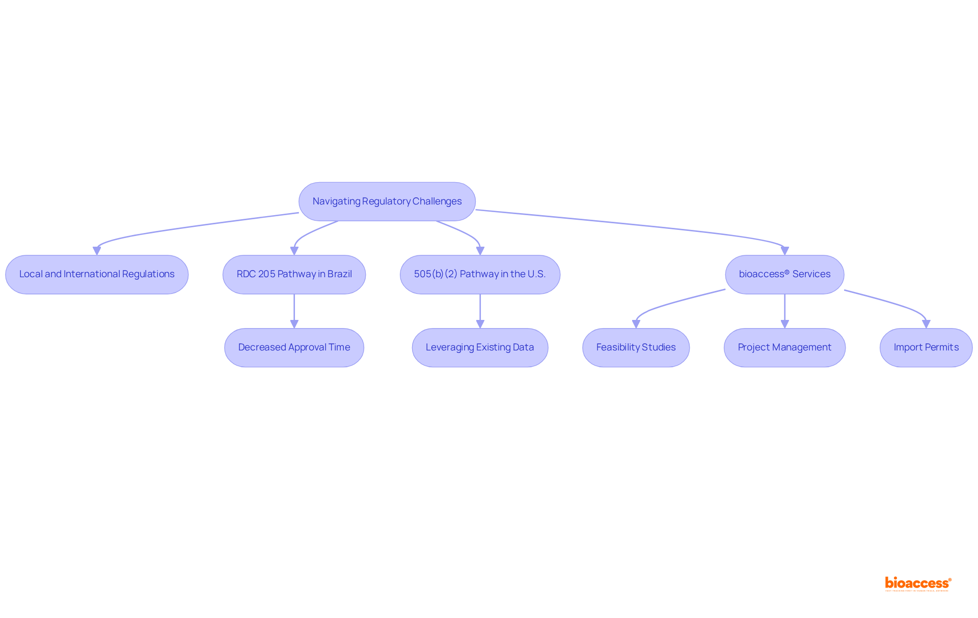 This flowchart illustrates the steps and services involved in overcoming regulatory hurdles in rare disease research. Each pathway represents a specific regulatory process, while the services provided by bioaccess® show how researchers can effectively navigate these challenges.
