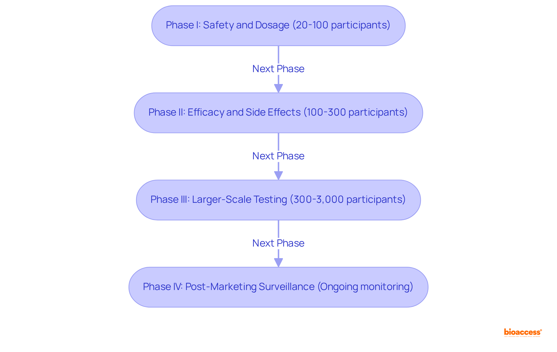 Each box represents a phase in the clinical trial process. Follow the arrows to see how each phase leads to the next, with the key focus areas and participant numbers highlighted.