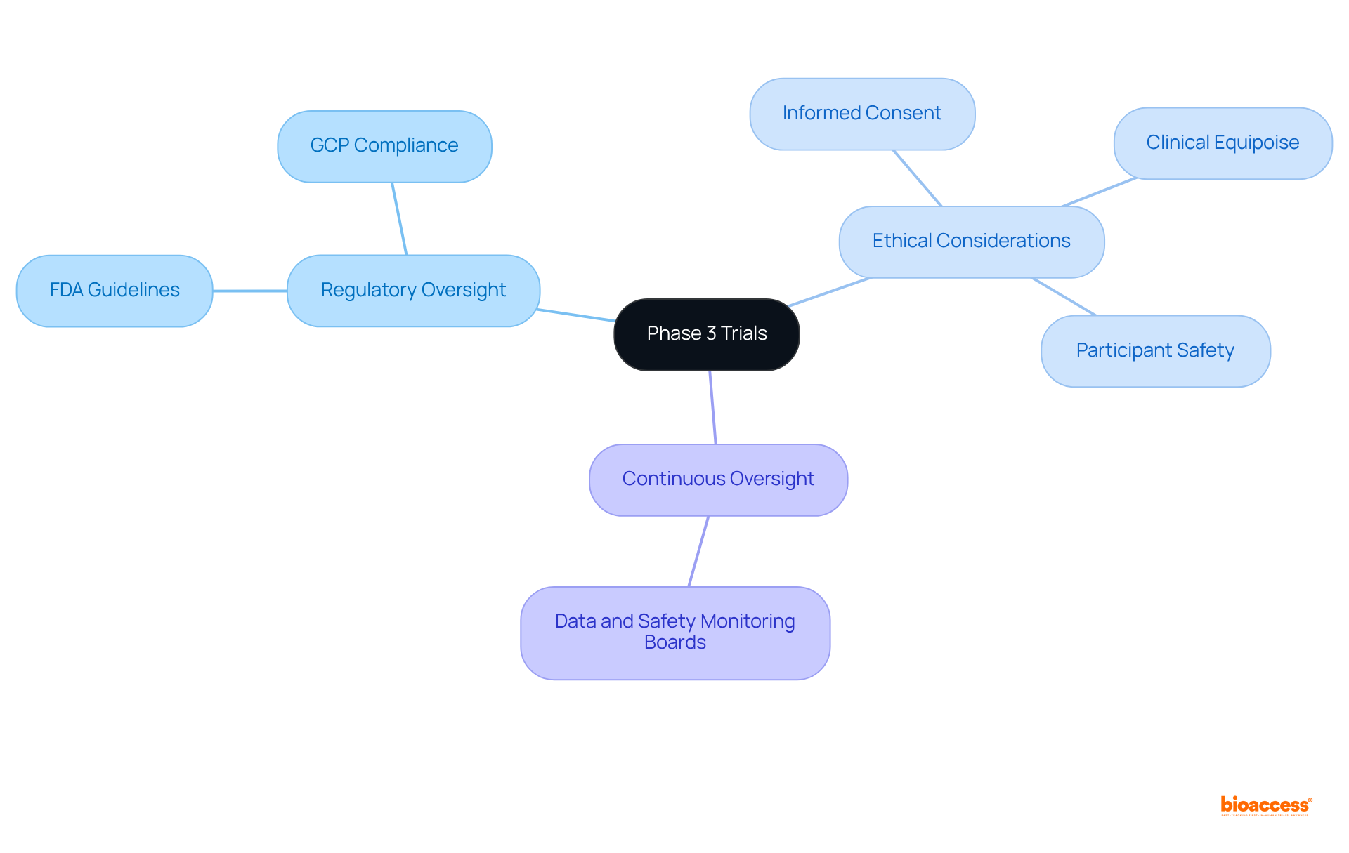 The center represents Phase 3 Trials, with branches showing different aspects. Each branch highlights an important area of focus, helping you understand how they all connect to ensure safe and ethical research.
