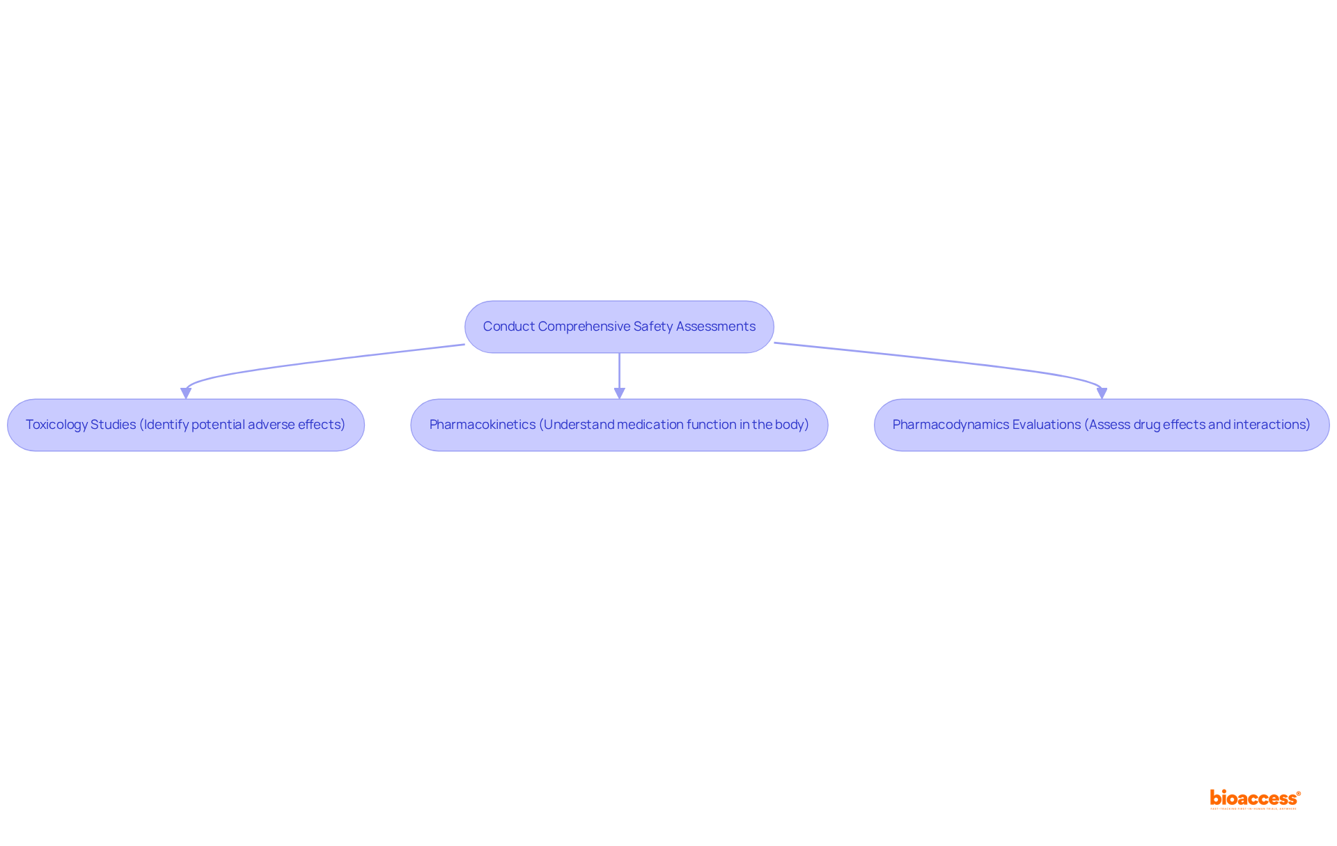 This flowchart outlines the essential steps in conducting safety assessments. Each box represents a key evaluation that needs to be completed to ensure thorough safety checks before clinical trials begin.