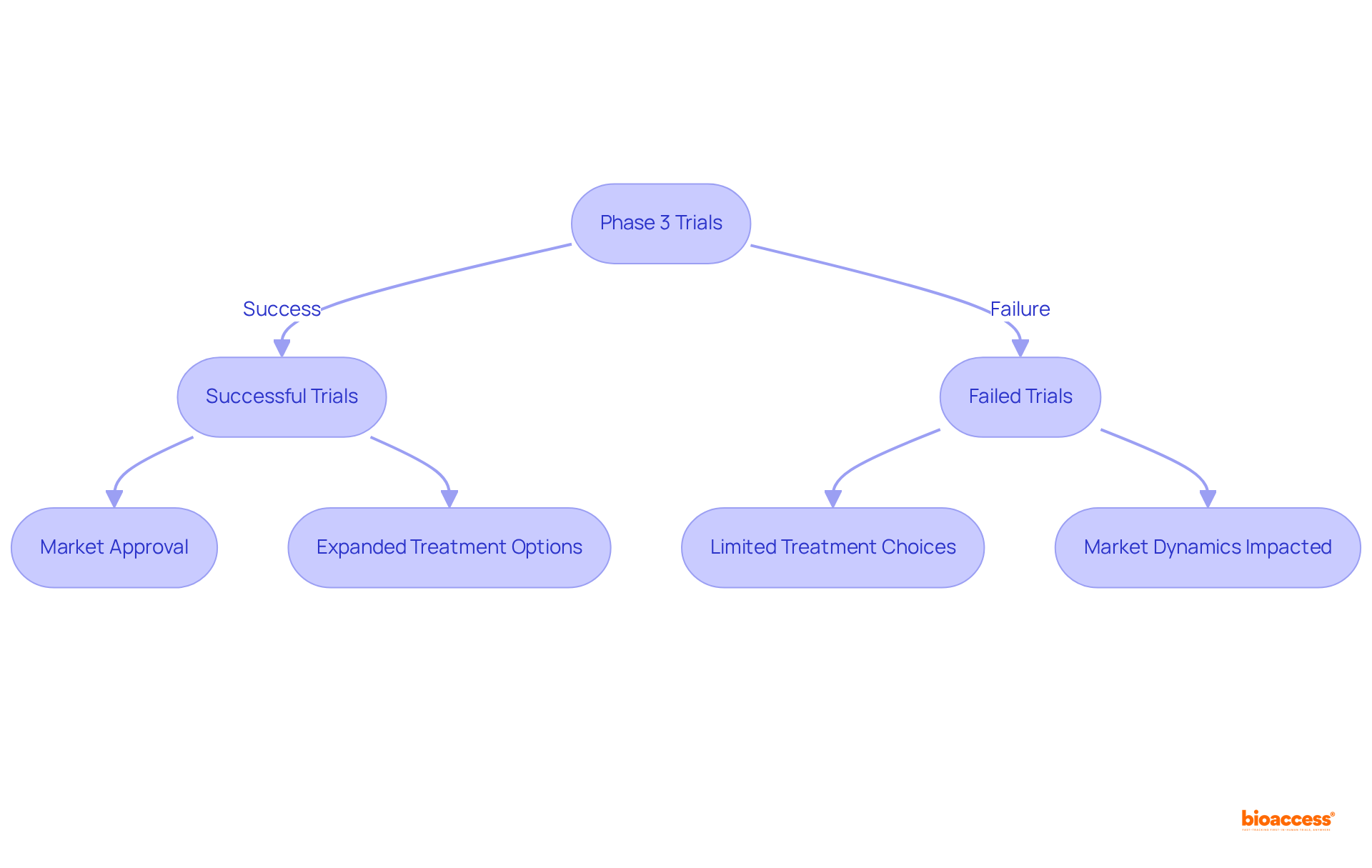 This flowchart shows how Phase 3 trials affect the availability of treatments. Successful trials lead to more options for patients, while failures can limit choices and affect the market.