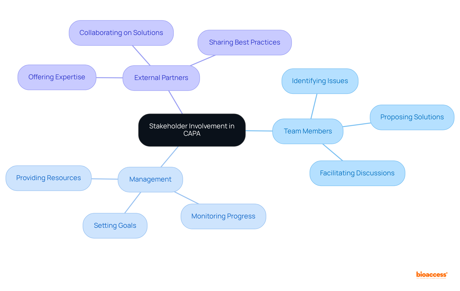 The center represents the main focus on stakeholder engagement in CAPA. Each branch indicates a group involved in the process, with their specific functions detailed in the sub-branches. Follow the branches to see how collaboration works in achieving better outcomes.