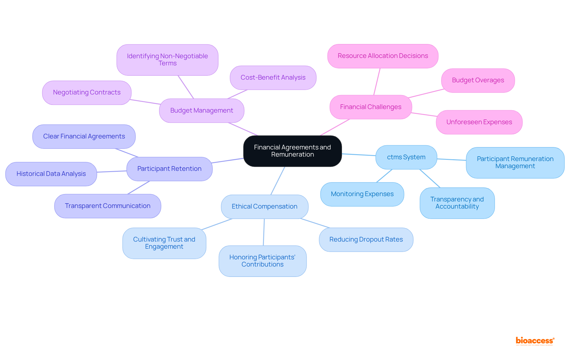 The central node represents the main theme of financial agreements and remuneration, while branches illustrate key areas related to this theme. Each sub-node provides additional details, showing how they contribute to the overall management strategy.