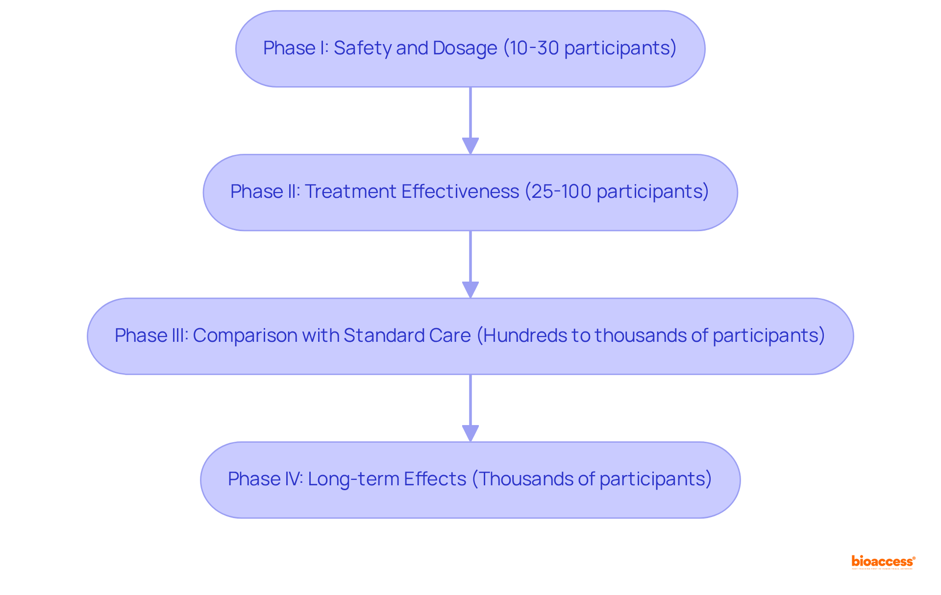 Each box in the flowchart shows a phase of the clinical trial process. The arrows guide you through the sequence of phases, and the descriptions give you a quick overview of what happens at each stage and how many participants are involved.