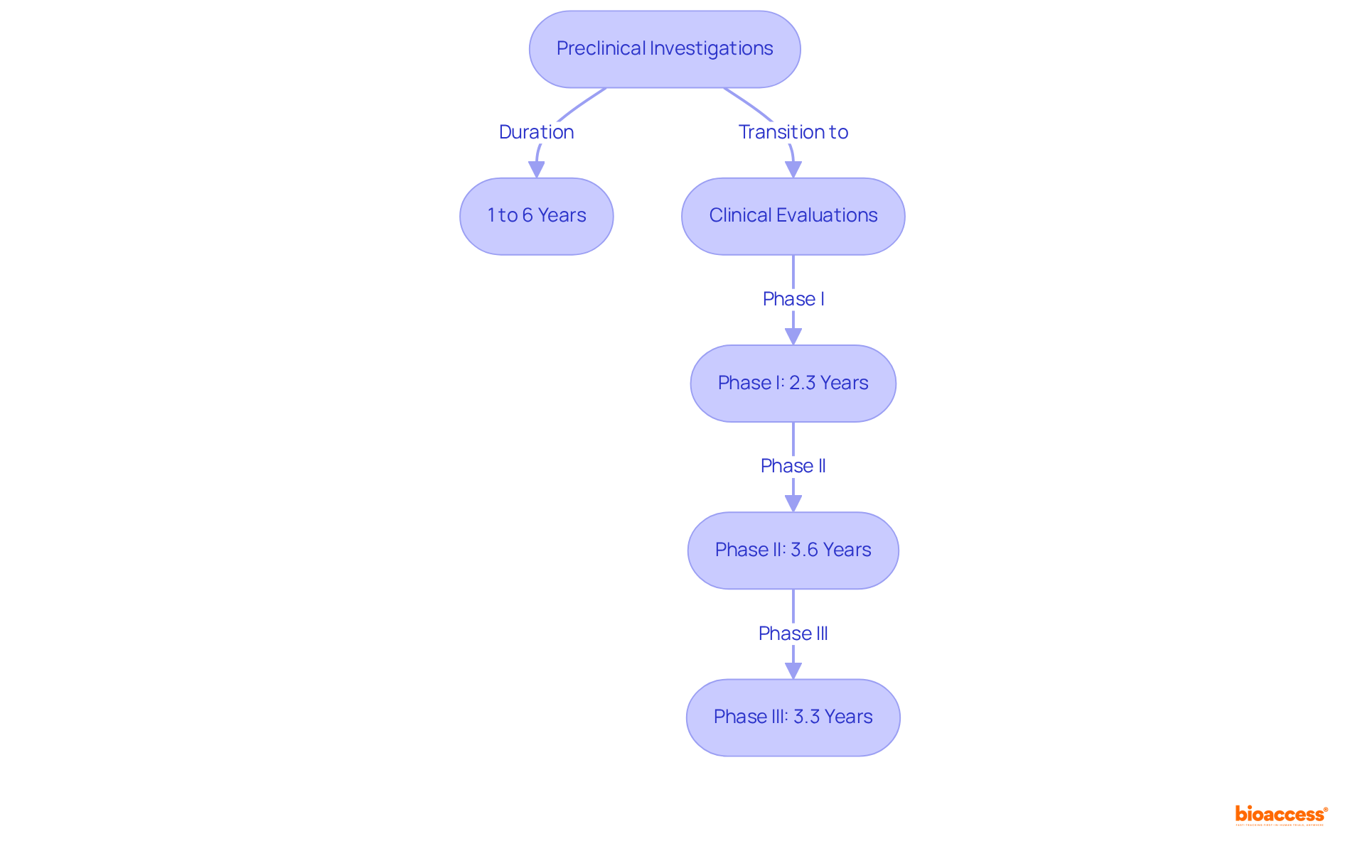 This flowchart shows the duration of each phase in the research process. The left side represents preclinical investigations, while the right side includes clinical evaluations. Each box indicates the typical time spent in that phase.