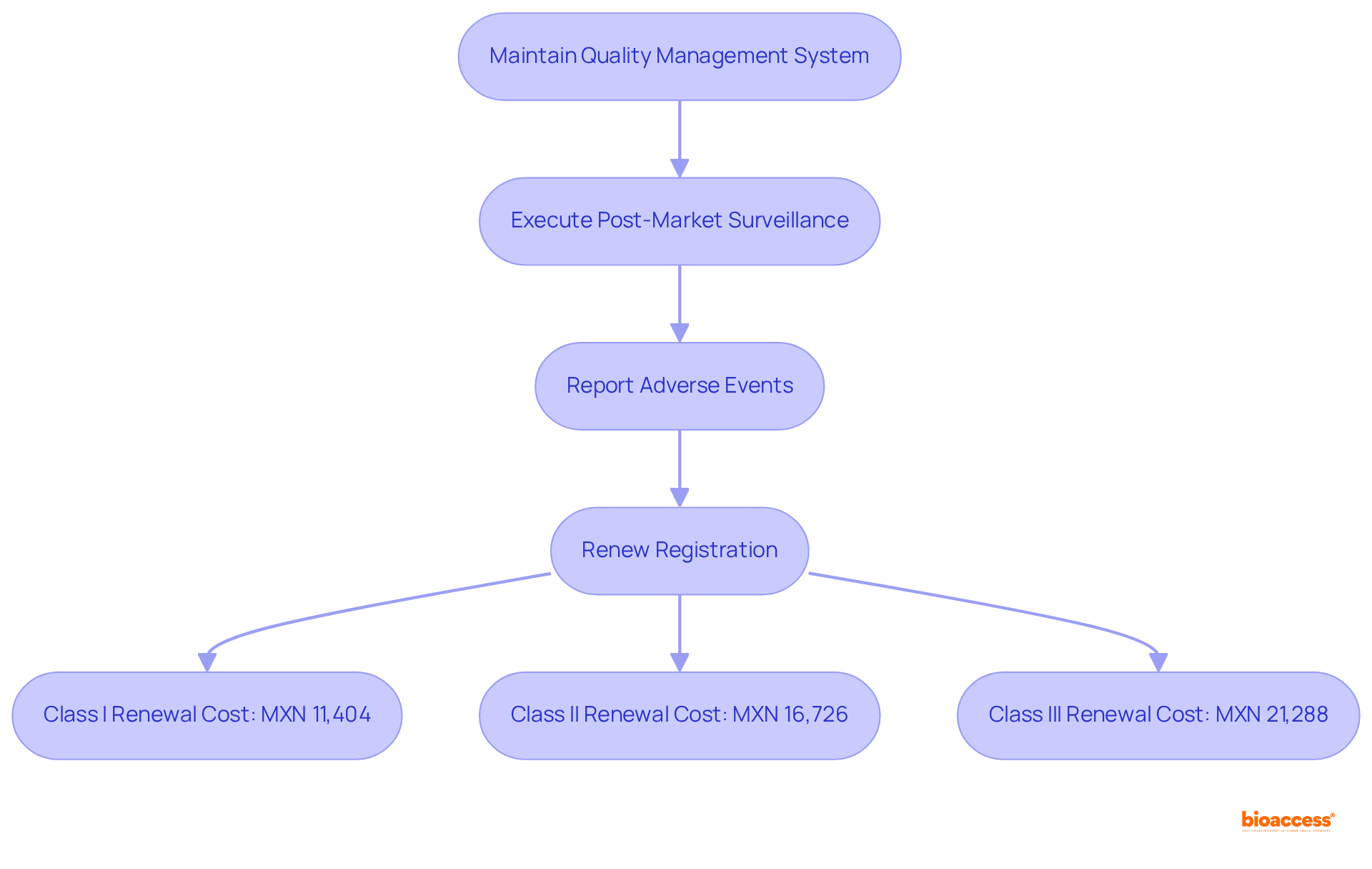 Each box represents a crucial step that manufacturers must follow after getting approval. Follow the arrows to see how these obligations connect, and check the costs for renewing your registration at the bottom.