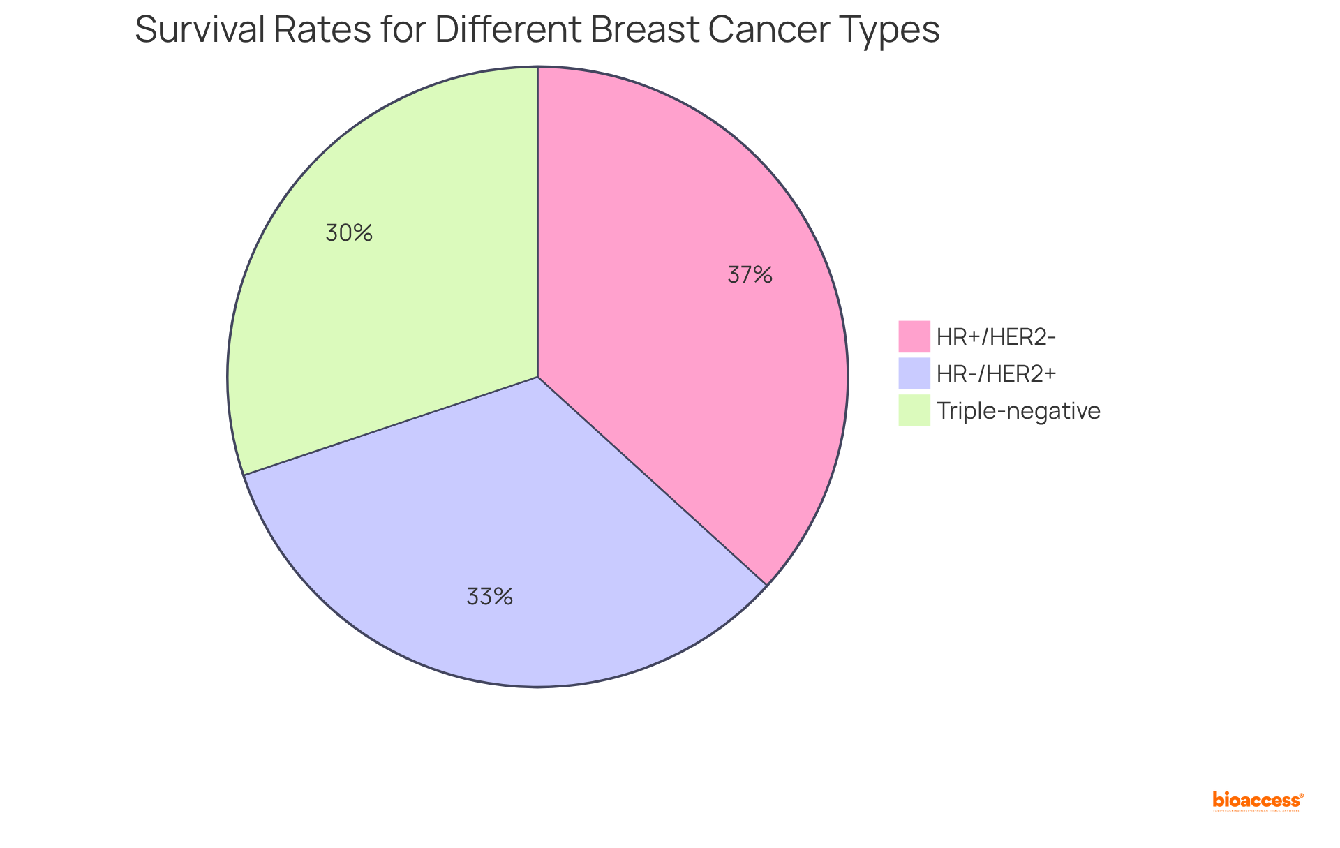 Each slice of the pie represents the survival rate for a specific type of breast cancer — the larger the slice, the better the survival rate associated with that type.